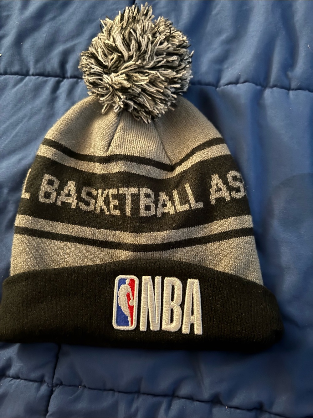 NBA men’s Knit Pom Beanie Hat - Gray & Black with Multicolor Logo